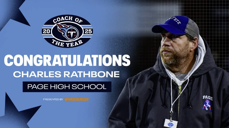 Page High School's Charles Rathbone is the 2025 Tennessee Titans High School Coach of the Year.