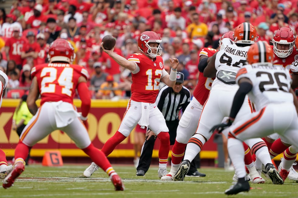 Kansas City Chiefs quarterback Shane Buechele throws during the first half of an NFL preseason...