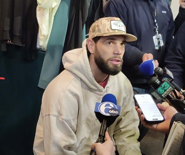 Eagles tight end Dallas Goedert speaks with the media in front his locker at NovaCare Complex Tuesday, Dec. 16, 2025, at NovaCare Complex in Philadelphia. (MediaNews Group)