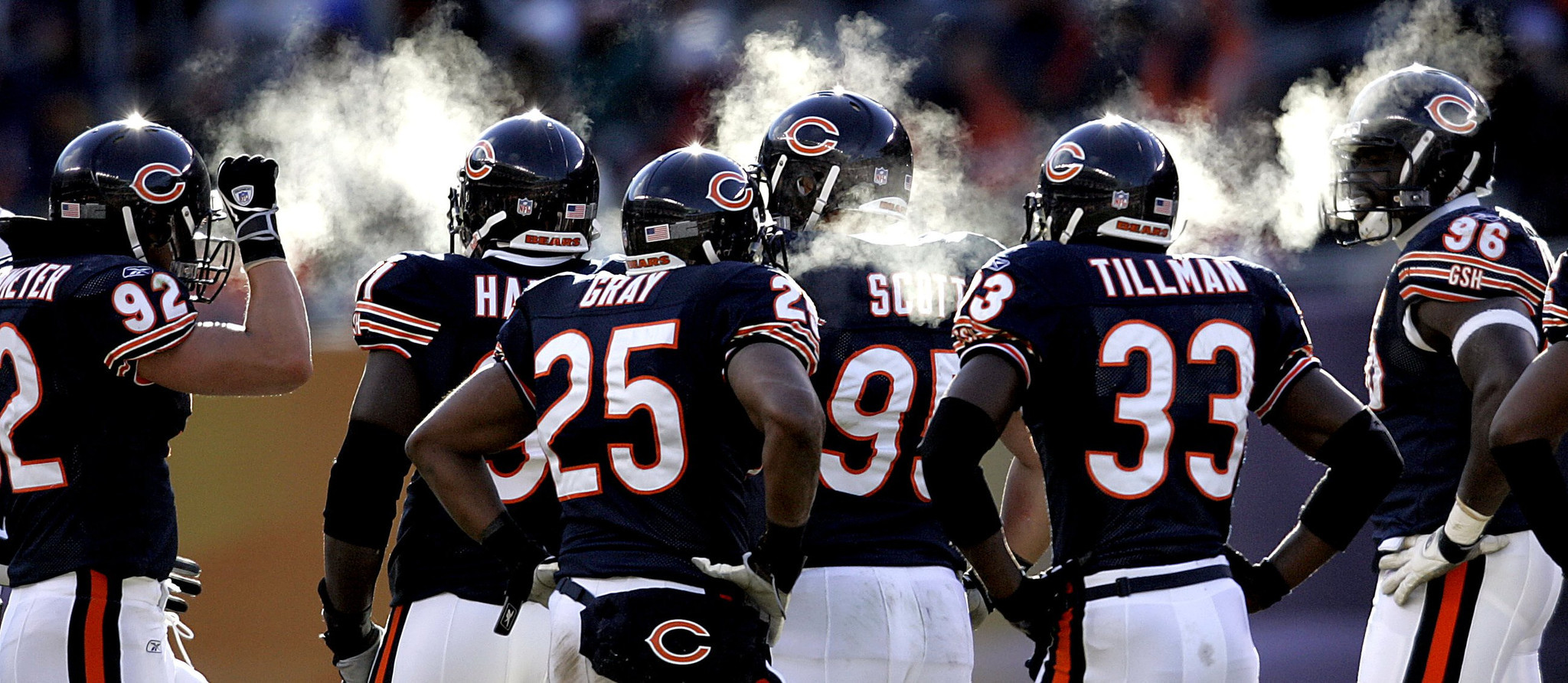 The Bears defense prepares to line up against the Houston Texans during bitter cold weather on Dec. 19, 2004 at Soldier Field.