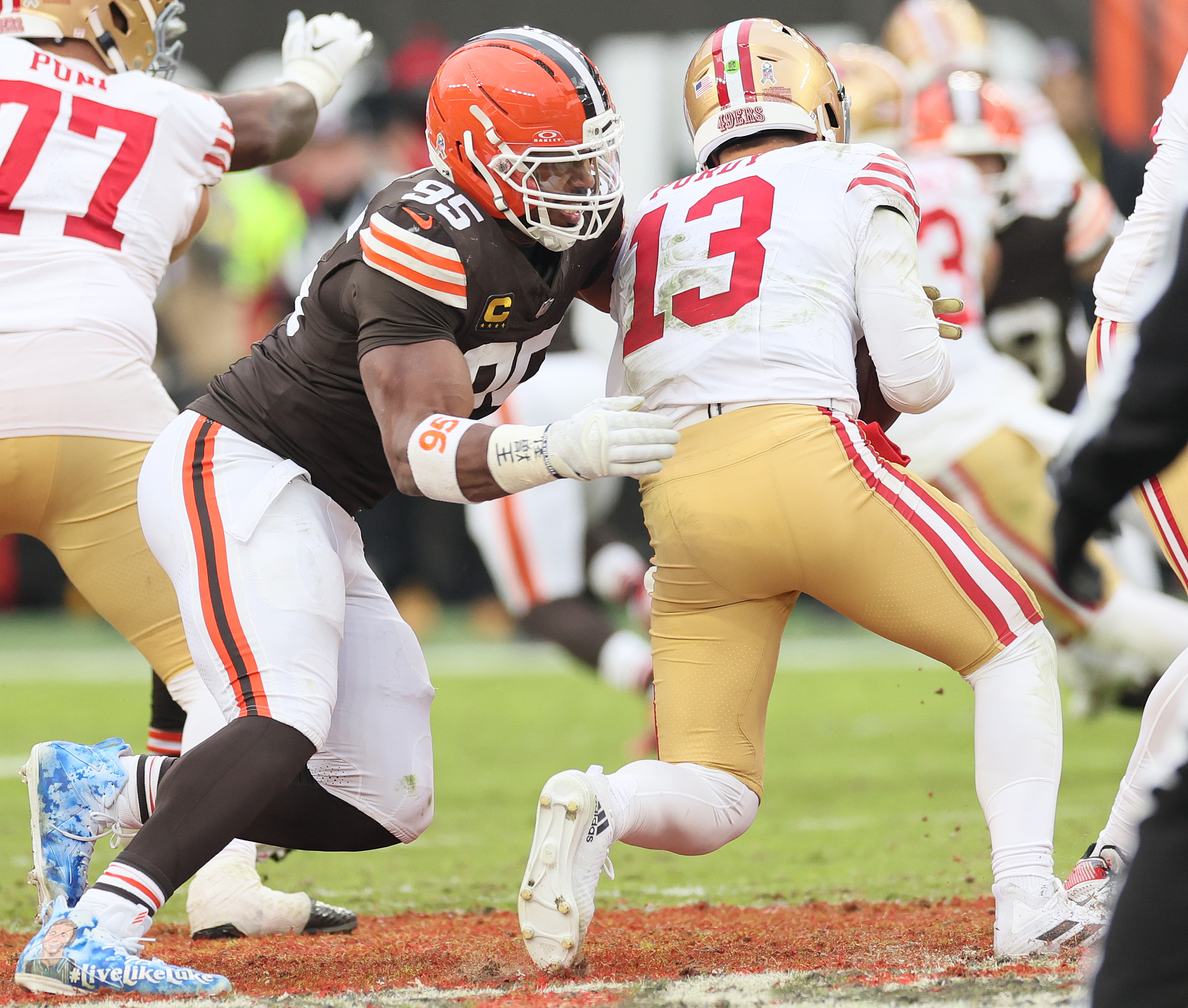 Cleveland Browns defensive end Myles Garrett sacks San Francisco 49ers quarterback Brock Purdy in the second half at Huntington Bank Field.