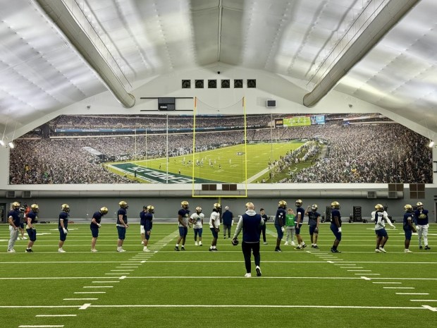 The La Salle High School football team practices at the Eagles' indoor facility at NovaCare Complex on Wednesday, Dec. 3, 2025, in South Philadelphia in preparation for Saturday's state championship game against Pittsburgh Central Catholic. (La Salle College High School)
