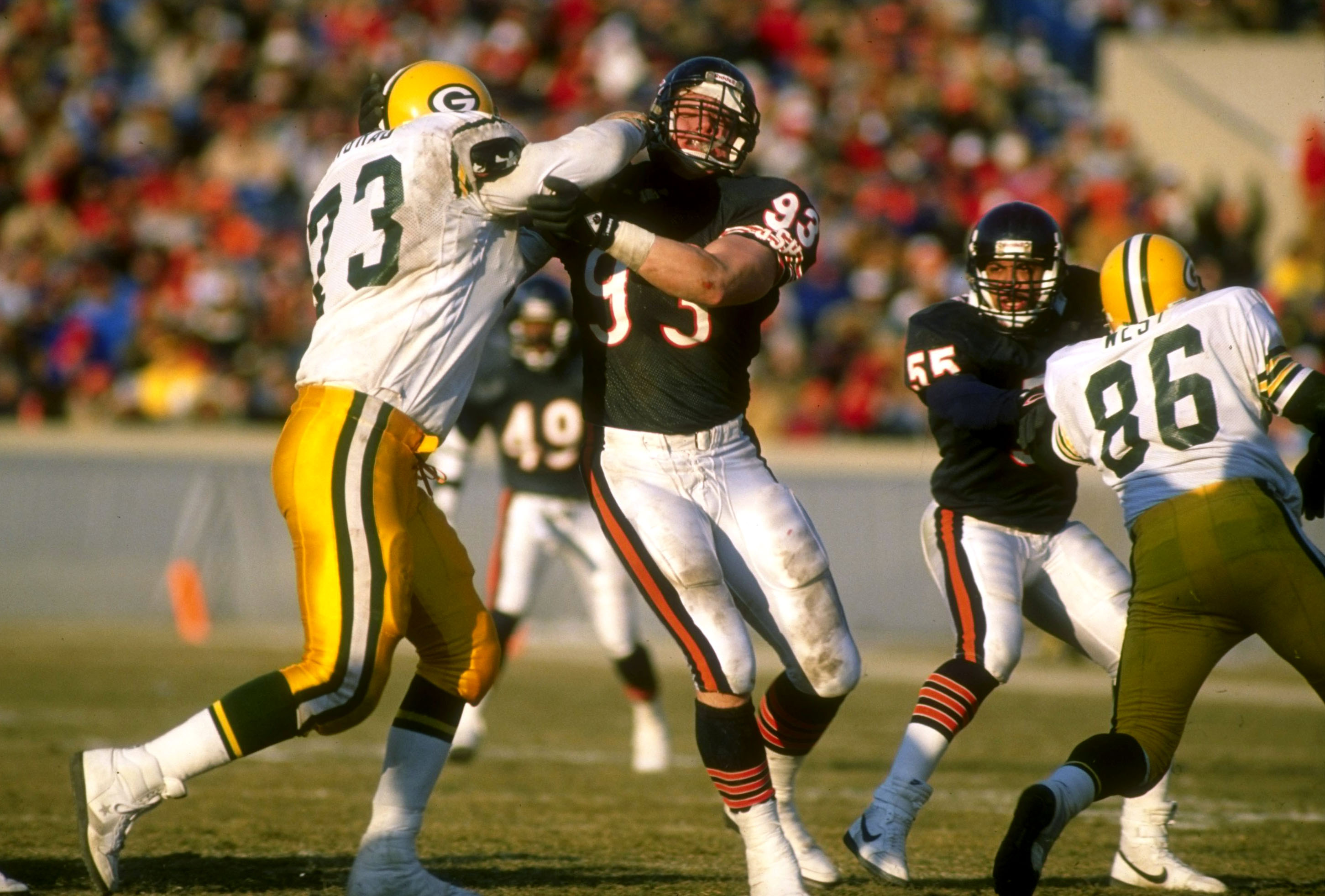 Defensive end Trace Armstrong of the Chicago Bears works against a Green Bay Packers player during a game at Soldier Field on Dec. 17, 1989. The Packers won the game, 40-28.