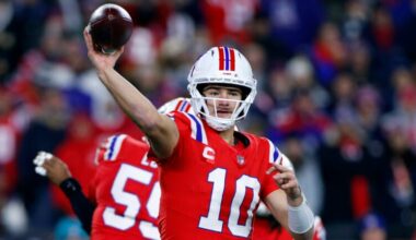 New England Patriots quarterback Drake Maye (10) during the second quarter. The New England Patriots played the New York Giants at Gillette Stadium on December 1, 2025.