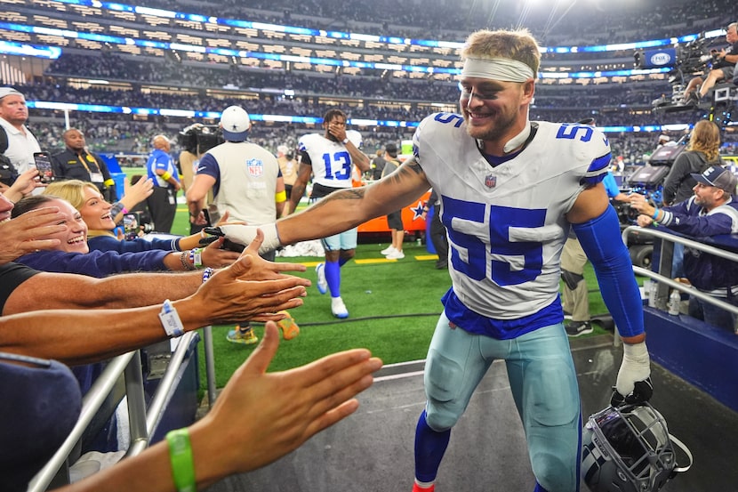 Dallas Cowboys linebacker Logan Wilson (55) walks off the field after an NFL football game...