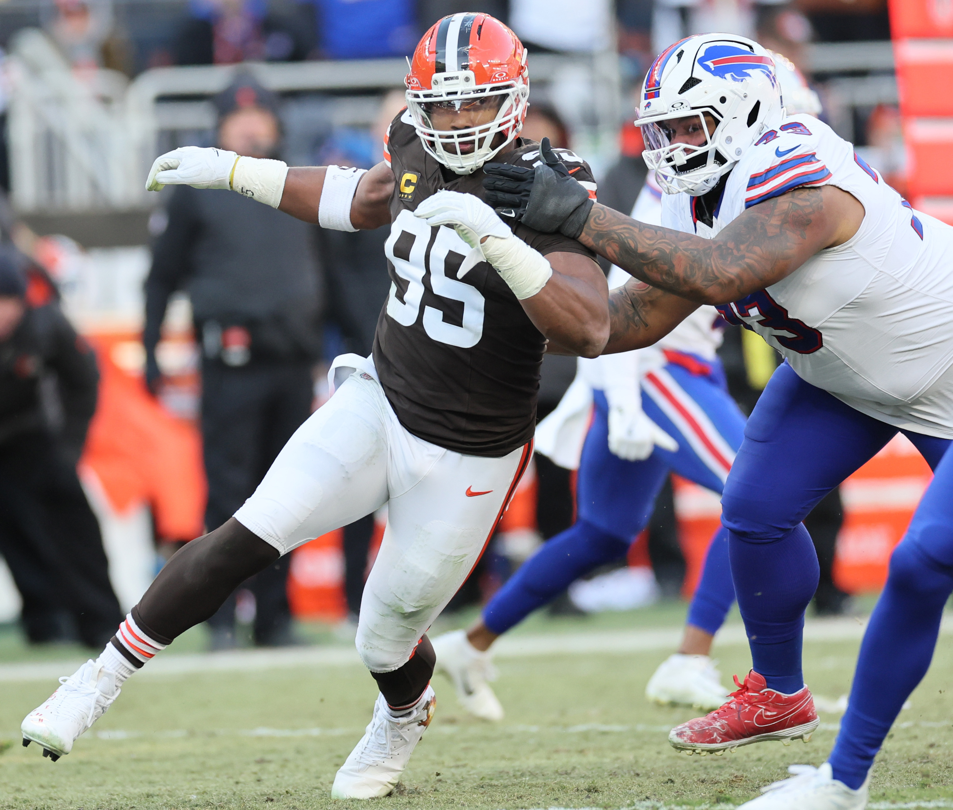 Cleveland Browns defensive end Myles Garrett tries to get around the block of Buffalo Bills offensive tackle Dion Dawkins in the second half.  