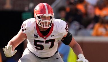 Georgia offensive lineman Monroe Freeling (57) plays during the first half of an NCAA college football game against Tennessee, Saturday, Sept. 13, 2025, in Knoxville, Tenn.