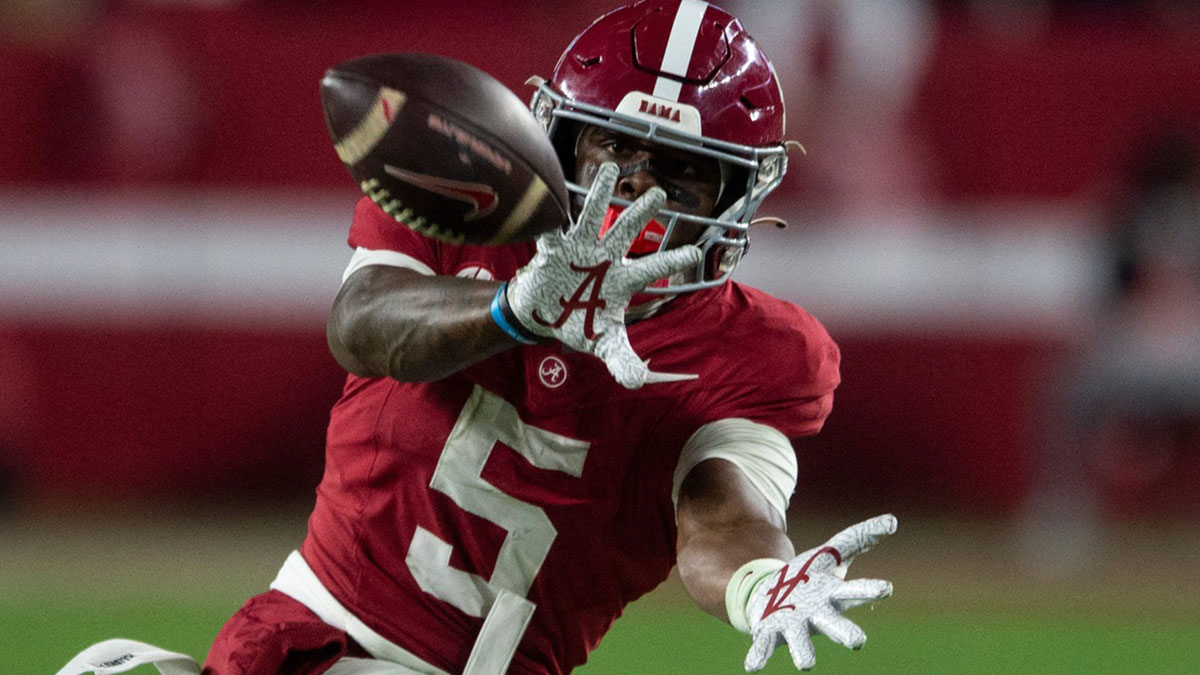 Alabama wide receiver Germie Bernard catches a pass in a game at Bryant-Denny Stadium during the 2024 season. Expectations will increase for Alabama in Kalen DeBoer's second season, and Bernard helps lead an improved group of receivers.