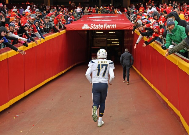 Philip Rivers runs up the tunnel after the Chargers' loss 31-21 to the Kansas City Chiefs at Arrowhead Stadium on December 29, 2019 in Kansas City, Missouri. This would be his last appearance in a Chargers uniform. (Photo by Peter Aiken/Getty Images)