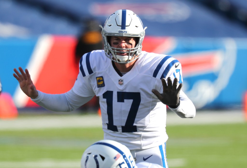 Philip Rivers #17 of the Indianapolis Colts calls a play against the Buffalo Bills at Bills Stadium on January 9, 2021 in Orchard Park, New York. 