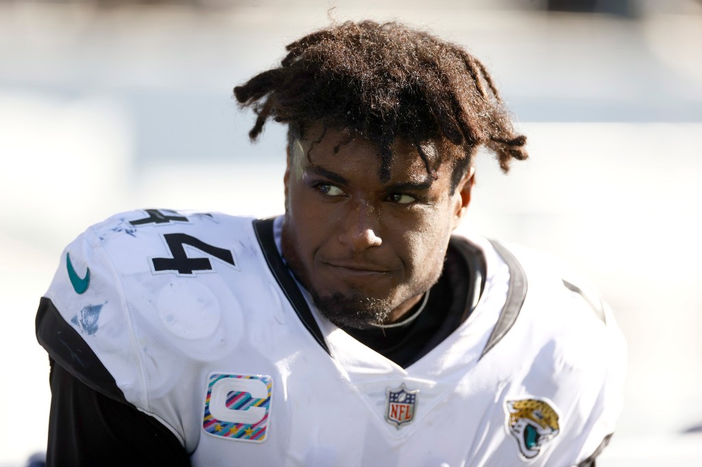 Myles Jack, then of the Jacksonville Jaguars, looks on during the second quarter against the Seattle Seahawks at Lumen Field on October 31, 2021 in Seattle, Washington.