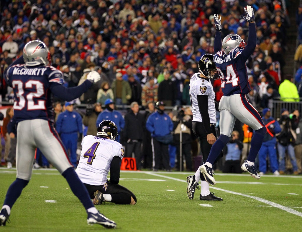 FOXBORO, MA - JANUARY 22: The New England Patriots celebrate after Billy Cundiff #7 of the Baltimore Ravens missed a game tying field goal late in the fourth quarter during their AFC Championship Game at Gillette Stadium on January 22, 2012 in Foxboro, Massachusetts. (Photo by Al Bello/Getty Images)