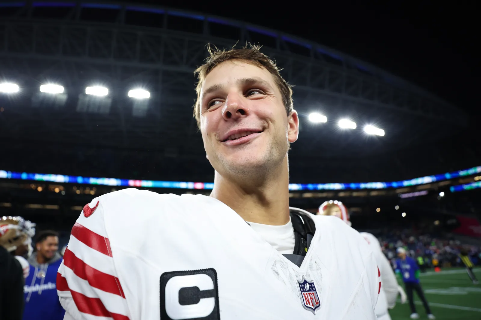 Brock Purdy #13 of the San Francisco 49ers reacts after defeating the Seattle Seahawks 36-24 at Lumen Field on October 10, 2024 in Seattle, Washington.