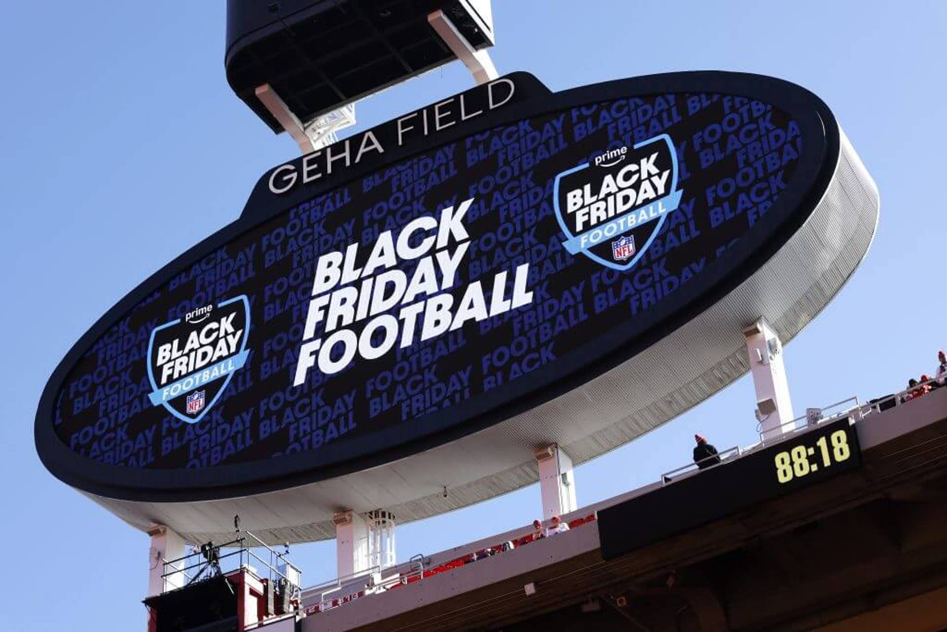 Black Friday advertisement is shown on Arrowhead video board before 2024 Chiefs-Raiders game.