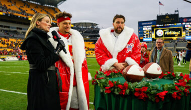 Stacey Dales interviews Kansas City Chiefs quarterback Patrick Mahomes (15) and Kansas City Chiefs tight end Travis Kelce (87) after the regular season NFL football game between the Kansas City Chiefs and Pittsburgh Steelers on December 25, 2024 at Acrisure Stadium in Pittsburgh, PA.