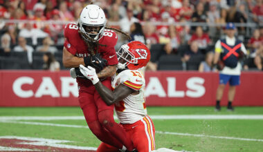 Wide receiver Xavier Weaver #89 of the Arizona Cardinals catches a one-yard touchdown reception aga...