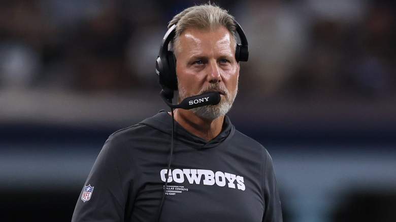 ARLINGTON, TEXAS - AUGUST 16: Dallas Cowboys defensive coordinator Matt Eberflus looks on during the first half of the NFL Preseason 2025 game against the Baltimore Ravens at AT&T Stadium on August 16, 2025 in Arlington, Texas. (Photo by Sam Hodde/Getty Images)