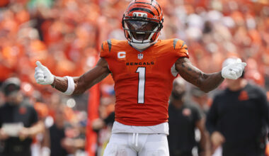 CINCINNATI, OHIO - SEPTEMBER 14: Ja'Marr Chase #1 of the Cincinnati Bengals reacts while playing against the Jacksonville Jaguars in the game at Paycor Stadium on September 14, 2025 in Cincinnati, Ohio. (Photo by Kirk Irwin/Getty Images)