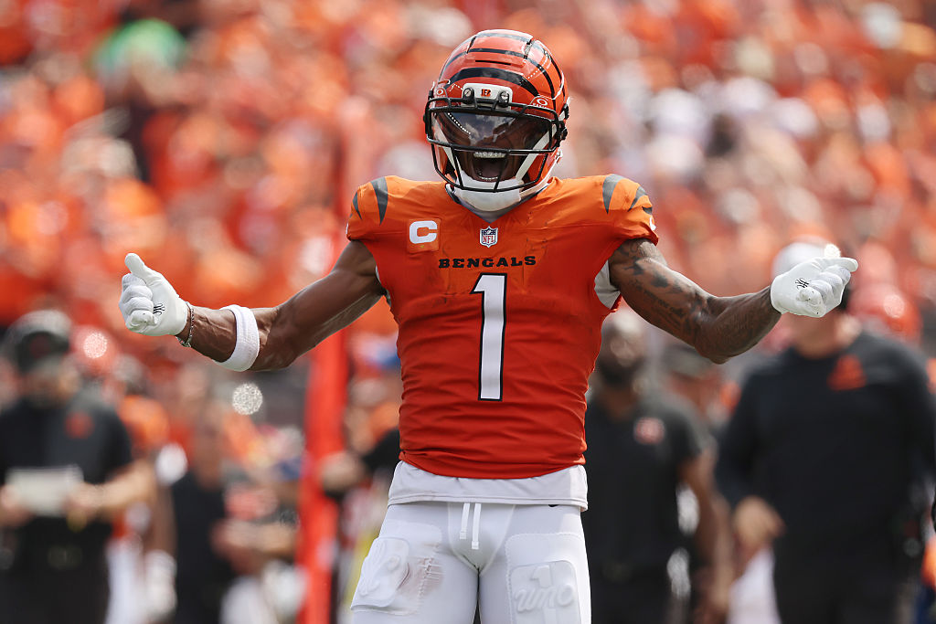CINCINNATI, OHIO - SEPTEMBER 14: Ja'Marr Chase #1 of the Cincinnati Bengals reacts while playing against the Jacksonville Jaguars in the game at Paycor Stadium on September 14, 2025 in Cincinnati, Ohio. (Photo by Kirk Irwin/Getty Images)