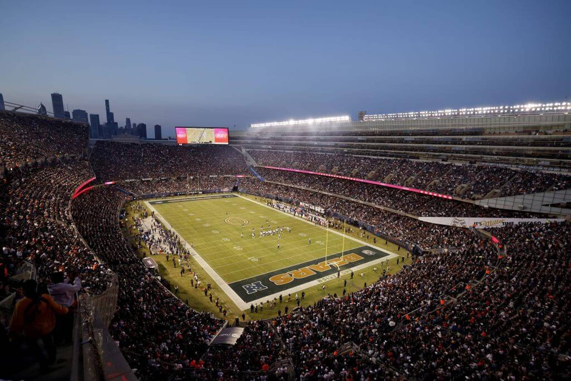A general view of Soldier Field during a recent night Chicago Bears game.