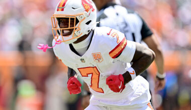 TAMPA, FLORIDA - SEPTEMBER 21: Bucky Irving #7 of the Tampa Bay Buccaneers reacts during the first quarter against the New York Jets at Raymond James Stadium on September 21, 2025 in Tampa, Florida. (Photo by Julio Aguilar/Getty Images)