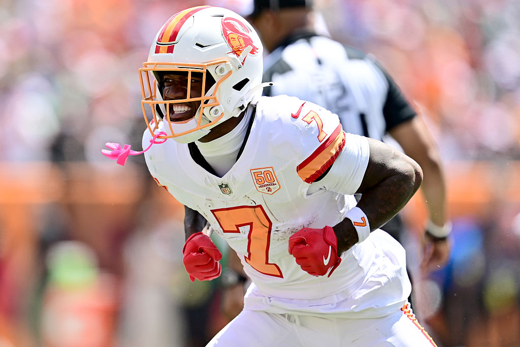 TAMPA, FLORIDA - SEPTEMBER 21: Bucky Irving #7 of the Tampa Bay Buccaneers reacts during the first quarter against the New York Jets at Raymond James Stadium on September 21, 2025 in Tampa, Florida. (Photo by Julio Aguilar/Getty Images)