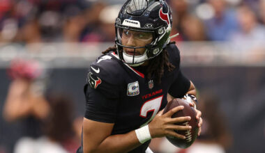 HOUSTON, TEXAS - SEPTEMBER 28: C.J. Stroud #7 of the Houston Texans rolls out against the Tennessee Titans during the first quarter in the game at NRG Stadium on September 28, 2025 in Houston, Texas. (Photo by Tim Warner/Getty Images)