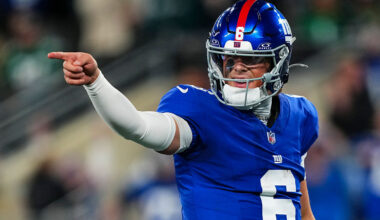EAST RUTHERFORD, NJ - OCTOBER 09: JaxsonDart #6 of the New York Giants celebrates during an NFL football game against the Philadelphia Eagles at MetLife Stadium on October 9, 2025 in East Rutherford, New Jersey. (Photo by Cooper Neill/Getty Images)