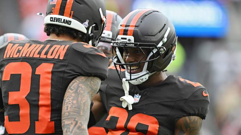 CLEVELAND, OHIO - OCTOBER 19: Donovan McMillon #31 and Tre Avery #28 of the Cleveland Browns celebrate after a play against the Miami Dolphins in the third quarter of a game at Huntington Bank Field on October 19, 2025 in Cleveland, Ohio. (Photo by Jason Miller/Getty Images)