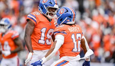 DENVER , CO - OCTOBER 26: RJ Harvey (12) of the Denver Broncos celebrates scoring a rushing touchdown against the Dallas Cowboys with teammate Marvin Mims Jr. (19) during the first quarter at Empower Field at Mile High in Denver on Sunday, October 26, 2025. (Photo by AAron Ontiveroz/The Denver Post)