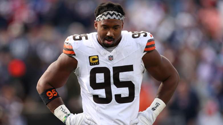 FOXBOROUGH, MASSACHUSETTS - OCTOBER 26: Myles Garrett #95 of the Cleveland Browns looks on during the second quarter in the game against the New England Patriots at Gillette Stadium on October 26, 2025 in Foxborough, Massachusetts. (Photo by Maddie Meyer/Getty Images)