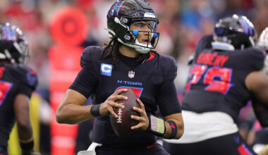 HOUSTON, TEXAS - OCTOBER 26: C.J. Stroud #7 of the Houston Texans makes a pass in the fourth quarter of the game against the San Francisco 49ers at NRG Stadium on October 26, 2025 in Houston, Texas. (Photo by Alex Slitz/Getty Images)