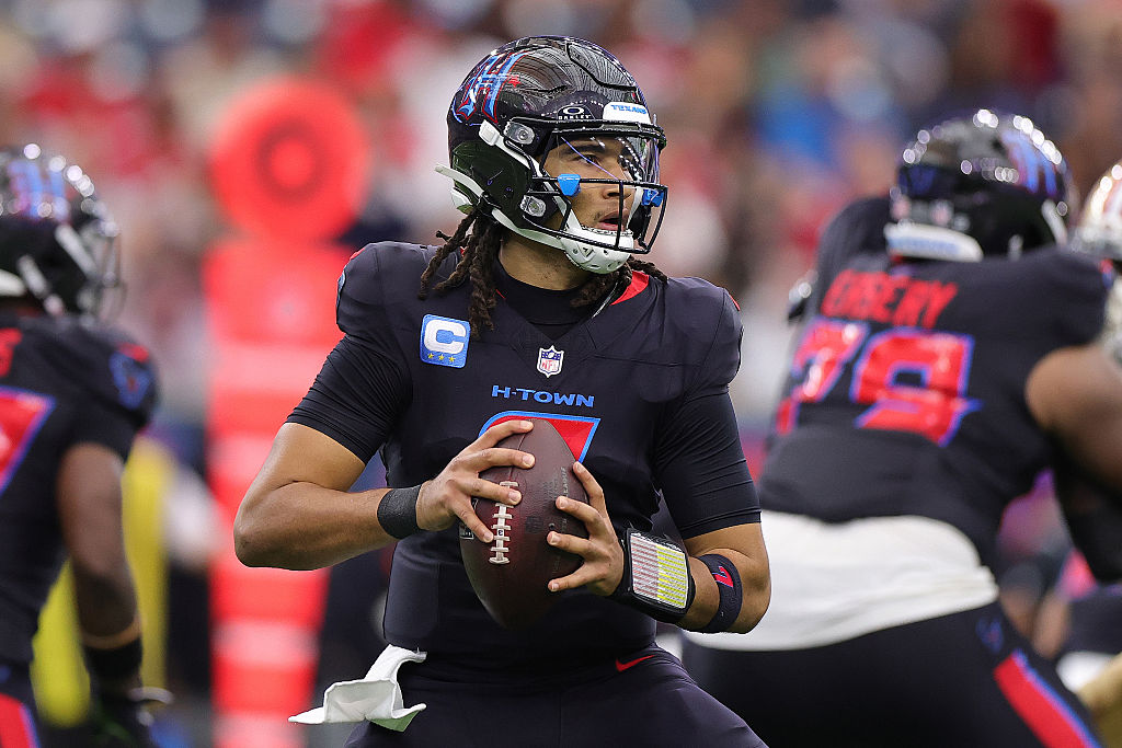 HOUSTON, TEXAS - OCTOBER 26: C.J. Stroud #7 of the Houston Texans makes a pass in the fourth quarter of the game against the San Francisco 49ers at NRG Stadium on October 26, 2025 in Houston, Texas. (Photo by Alex Slitz/Getty Images)