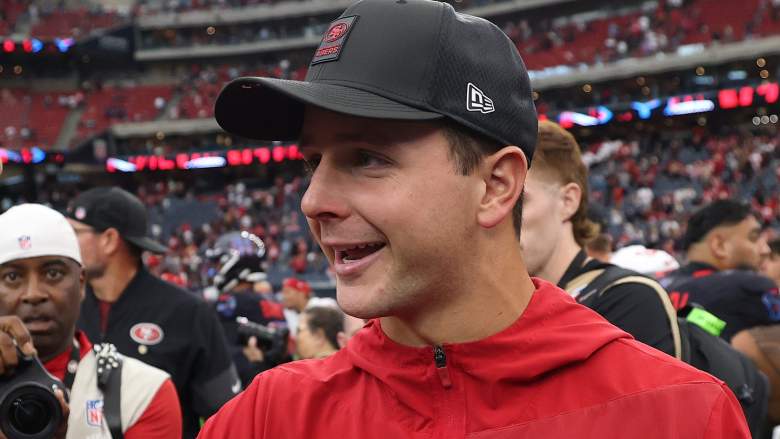 HOUSTON, TEXAS - OCTOBER 26: C.J. Stroud #7 of the Houston Texans speaks with Brock Purdy #13 of the San Francisco 49ers after the game at NRG Stadium on October 26, 2025 in Houston, Texas. (Photo by Tim Warner/Getty Images)