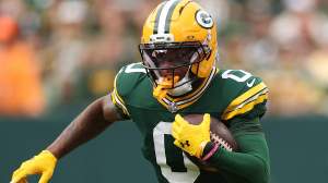 GREEN BAY, WISCONSIN - OCTOBER 12: Matthew Golden #0 of the Green Bay Packers runs with the ball after a reception against the Cincinnati Bengals at Lambeau Field on October 12, 2025 in Green Bay, Wisconsin. (Photo by Michael Reaves/Getty Images)