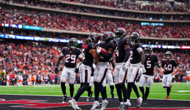 HOUSTON, TX - NOVEMBER 02: Jaylin Smith #22 of the Houston Texans celebrates during an NFL football game against the Denver Broncos at NRG Stadium on November 2, 2025 in Houston, Texas. (Photo by Cooper Neill/Getty Images)