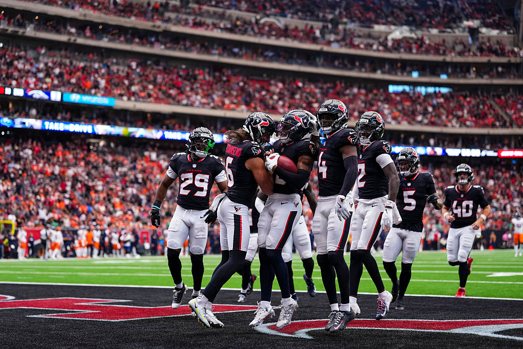 HOUSTON, TX - NOVEMBER 02: Jaylin Smith #22 of the Houston Texans celebrates during an NFL football game against the Denver Broncos at NRG Stadium on November 2, 2025 in Houston, Texas. (Photo by Cooper Neill/Getty Images)