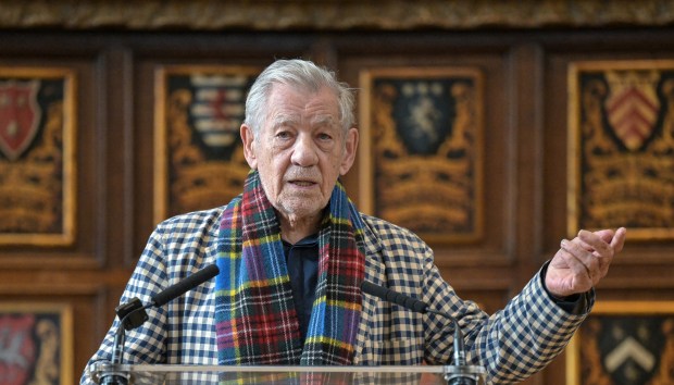 British actor Ian McKellen speaks at a "Shakespearean Breakfast" by the Royal Shakespeare Company at Middle Temple Hall in London on Nov. 12, 2025, to launch a new curriculum for teaching Shakespeare in schools. (Richard A. Brooks / AFP)