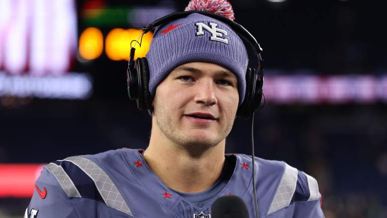 FOXBOROUGH, MASSACHUSETTS - NOVEMBER 13: Drake Maye #10 of the New England Patriots is interviewed following a game against the New York Jets at Gillette Stadium on November 13, 2025 in Foxborough, Massachusetts. (Photo by Maddie Meyer/Getty Images)
