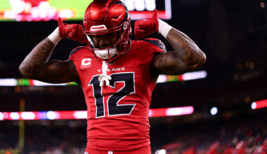 HOUSTON, TEXAS - NOVEMBER 20: Nico Collins #12 of the Houston Texans reacts during warm-ups prior to the game against the Buffalo Bills at NRG Stadium on November 20, 2025 in Houston, Texas. (Photo by Kevin Sabitus/Getty Images)