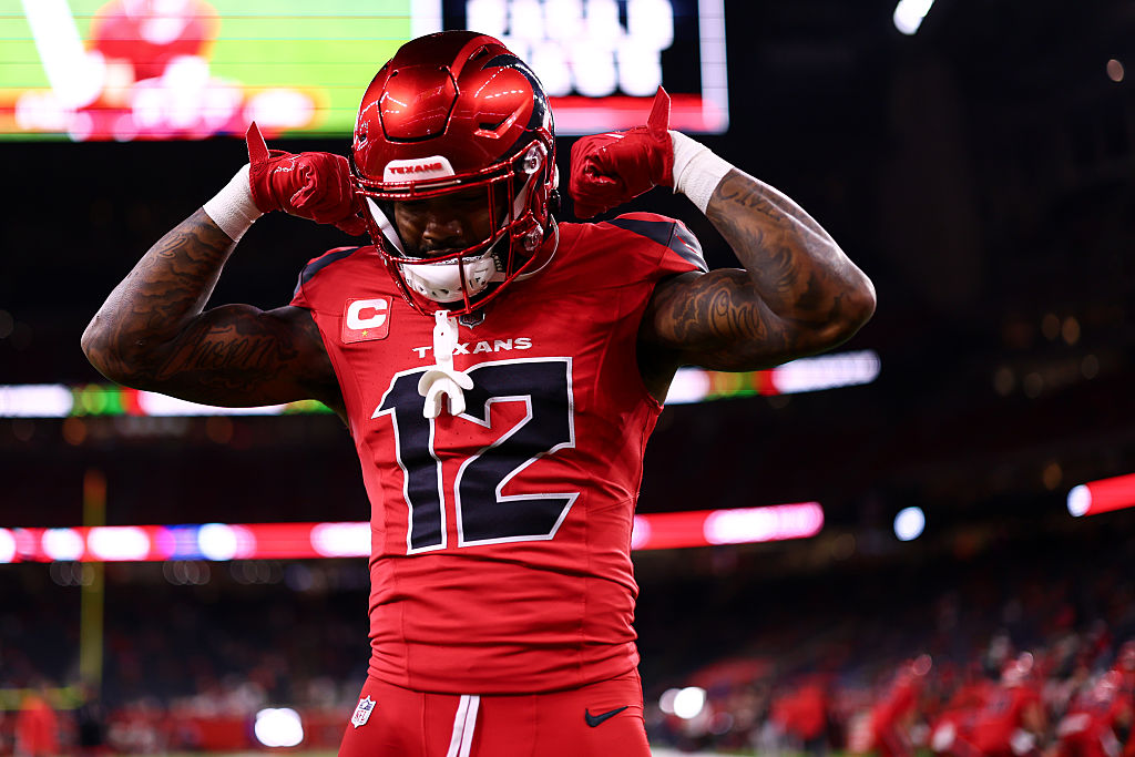 HOUSTON, TEXAS - NOVEMBER 20: Nico Collins #12 of the Houston Texans reacts during warm-ups prior to the game against the Buffalo Bills at NRG Stadium on November 20, 2025 in Houston, Texas. (Photo by Kevin Sabitus/Getty Images)
