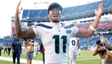 NASHVILLE, TENNESSEE - NOVEMBER 23: Jaxon Smith-Njigba #11 of the Seattle Seahawks celebrates after defeating the Tennessee Titans in the game at Nissan Stadium on November 23, 2025 in Nashville, Tennessee. (Photo by Johnnie Izquierdo/Getty Images)