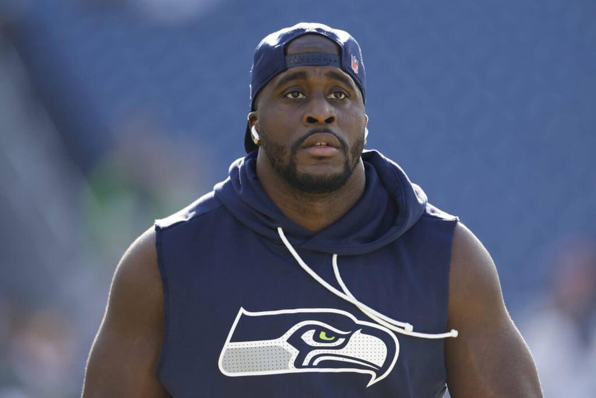 Derick Hall of the Seattle Seahawks warms up before a game against the Tennessee Titans.