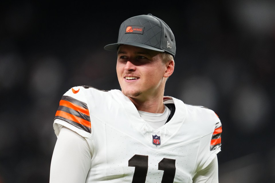 Bailey Zappe #11 of the Cleveland Browns walks off the field after a game against the Las Vegas Raiders at Allegiant Stadium on November 23, 2025 in Las Vegas, Nevada. The Browns defeated the Raiders 24-10. 