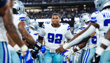 ARLINGTON, TX - NOVEMBER 23: Quinnen Williams #92 of the Dallas Cowboys runs out of the tunnel prior to an NFL football game against the Philadelphia Eagles at AT&T Stadium on November 23, 2025 in Arlington, Texas.