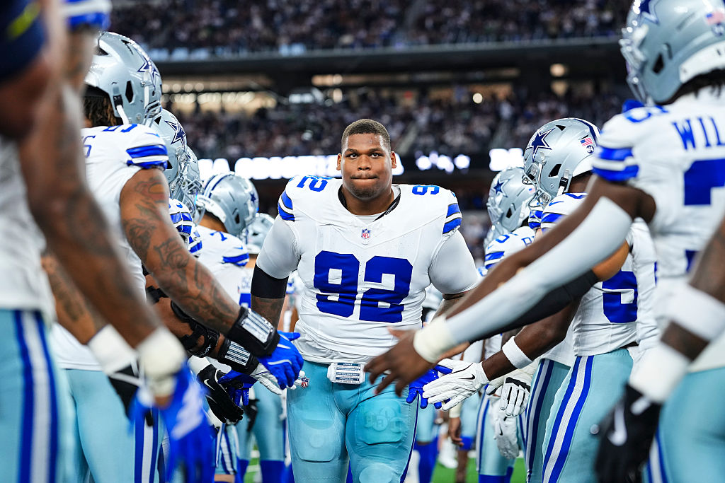 ARLINGTON, TX - NOVEMBER 23: Quinnen Williams #92 of the Dallas Cowboys runs out of the tunnel prior to an NFL football game against the Philadelphia Eagles at AT&T Stadium on November 23, 2025 in Arlington, Texas.