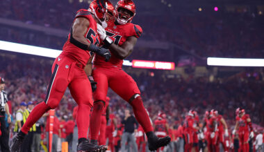 HOUSTON, TEXAS - NOVEMBER 20: Danielle Hunter #55 and Will Anderson Jr. #51 of the Houston Texans celebrate a sack against the Buffalo Bills during the third quarter at NRG Stadium on November 20, 2025 in Houston, Texas. (Photo by Alex Slitz/Getty Images)