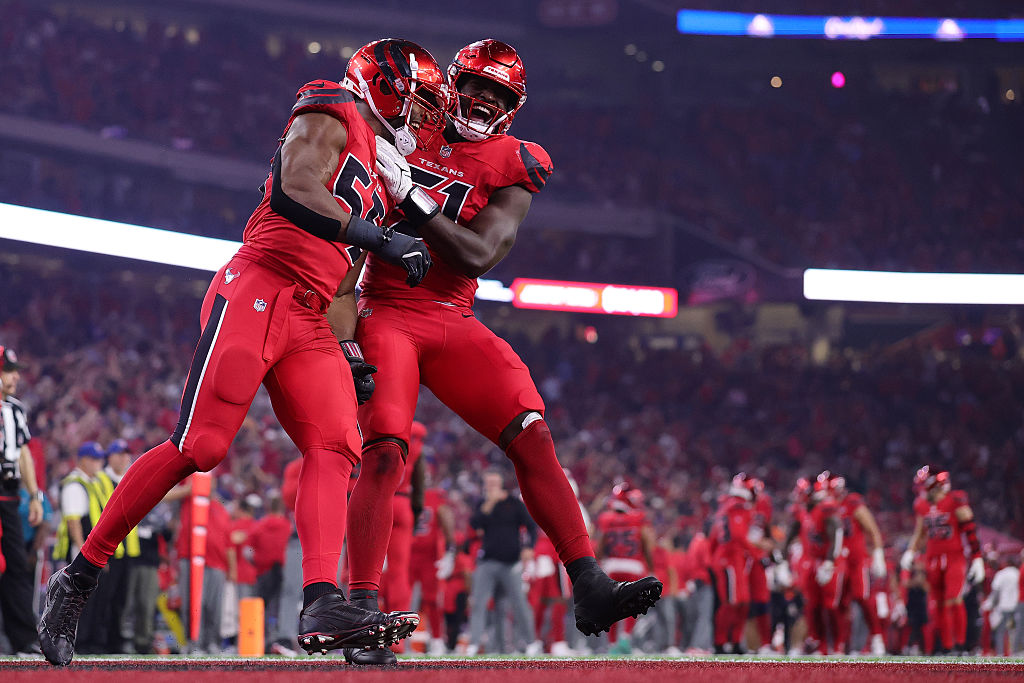 HOUSTON, TEXAS - NOVEMBER 20: Danielle Hunter #55 and Will Anderson Jr. #51 of the Houston Texans celebrate a sack against the Buffalo Bills during the third quarter at NRG Stadium on November 20, 2025 in Houston, Texas. (Photo by Alex Slitz/Getty Images)