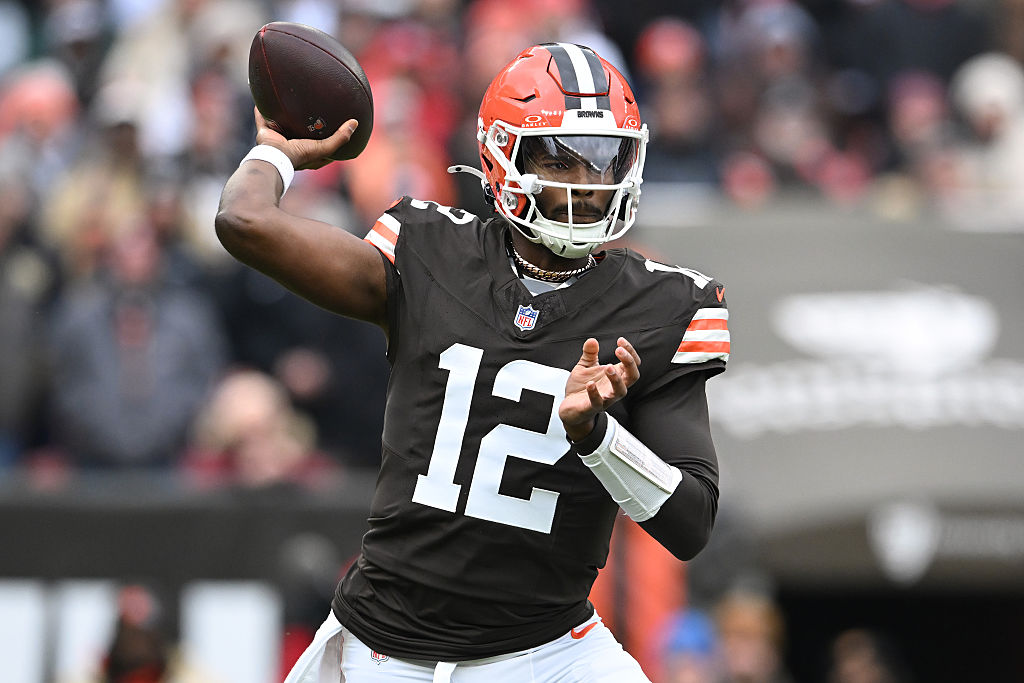 CLEVELAND, OHIO - NOVEMBER 30: Shedeur Sanders #12 of the Cleveland Browns passes the ball against the San Francisco 49ers during the first quarter at Huntington Bank Field on November 30, 2025 in Cleveland, Ohio. (Photo by Nick Cammett/Getty Images)