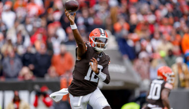CLEVELAND, OHIO - NOVEMBER 30: Shedeur Sanders #12 of the Cleveland Browns throws a pass during the first quarter of the NFL 2025 game against the San Francisco 49ers at Huntington Bank Field on November 30, 2025 in Cleveland, Ohio. (Photo by Lauren Leigh Bacho/Getty Images)